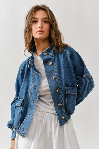 Twill Balloon Sleeve Utility Jacket | Cinched Drawstring Waist