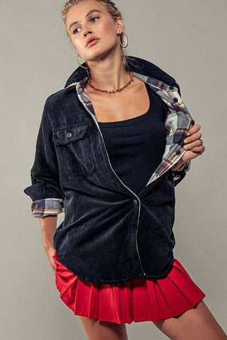 Americana Plaid-Lined Corduroy Shacket – Cozy Oversized Shirt Jacket