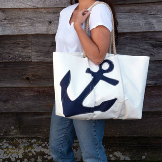 Sea Bags Recycled Sail Cloth Large Tote - Navy Anchor & Hemp Rope Handles