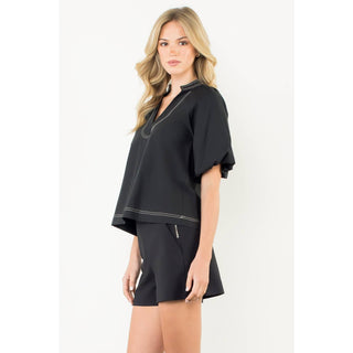 Thml Contrast Stitch Puff Sleeve Cotton V-Neck Top