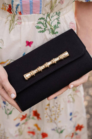 Lisi Lerch Avery Black Canvas Clutch – Gold Bamboo Crossbody Bag