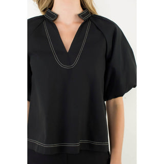 Thml Contrast Stitch Puff Sleeve Cotton V-Neck Top
