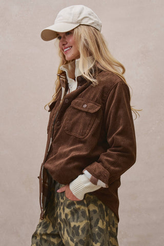 Americana Plaid-Lined Corduroy Shacket – Cozy Oversized Shirt Jacket