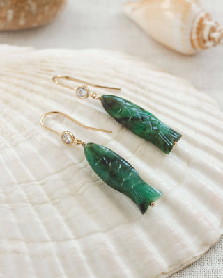 Ibiza Hand-Carved Emerald Or Aquamarine  Or Amazonite Fish Earrings in 14KT Gold