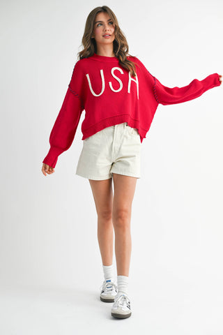 Women's USA Rope Letter Sweater | Cotton Oversized Patriotic Pullover