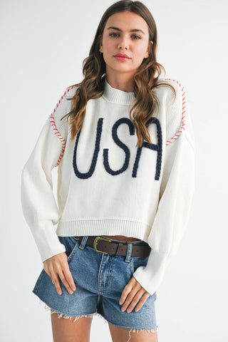 Women's USA Rope Letter Sweater | Cotton Oversized Patriotic Pullover