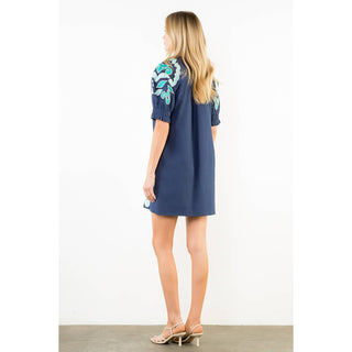 Thml Embroidered Puff Sleeve V-Neck Cotton Mini Dress