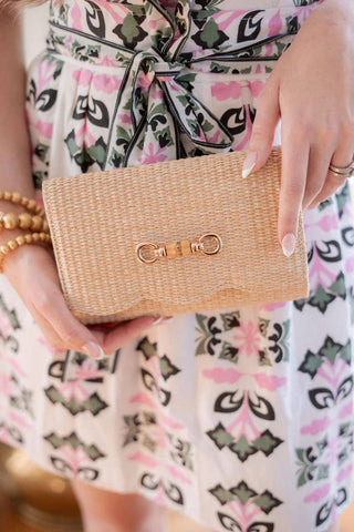Ruby Scalloped Straw Clutch – Customizable Gold Charm Crossbody