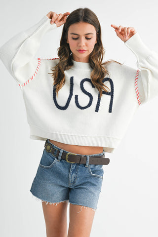 Women's USA Rope Letter Sweater | Cotton Oversized Patriotic Pullover