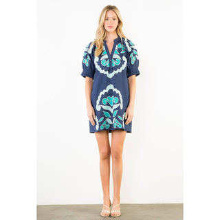 Thml Embroidered Puff Sleeve V-Neck Cotton Mini Dress