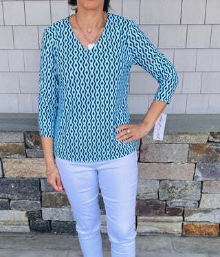 Lulu B Navy Cocktail Print V-Neck Top – UPF 50+ Sun Protection Travel Blouse