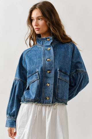 Twill Balloon Sleeve Utility Jacket | Cinched Drawstring Waist