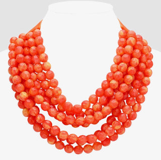 Coastal Statement Necklace | Chunky Acrylic Beads & Layered Faux Leather