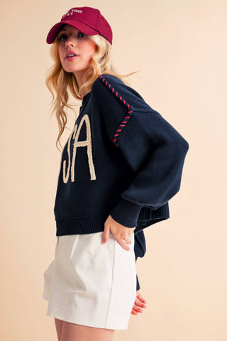 Women's USA Rope Letter Sweater | Cotton Oversized Patriotic Pullover