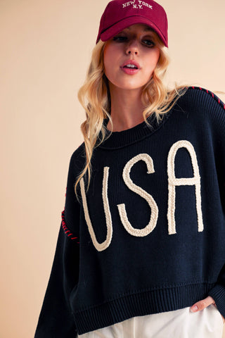 Women's USA Rope Letter Sweater | Cotton Oversized Patriotic Pullover