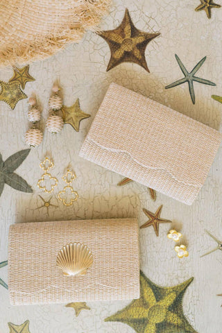 Ruby Scalloped Straw Clutch – Customizable Gold Charm Crossbody