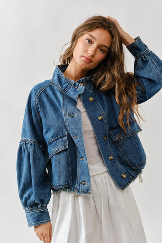 Twill Balloon Sleeve Utility Jacket | Cinched Drawstring Waist