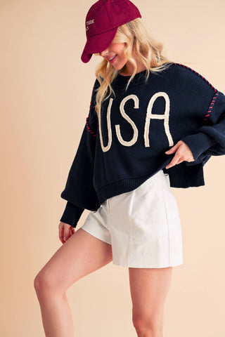 Women's USA Rope Letter Sweater | Cotton Oversized Patriotic Pullover