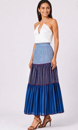 NIBI MTK Drue Skirt in Blue Summer Stripe | Coastal Chic Women’s Midi Skirt