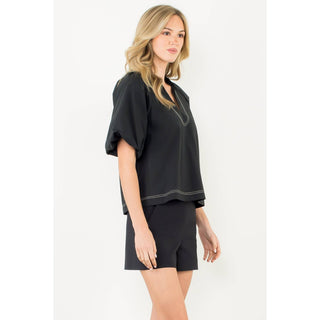 Thml Contrast Stitch Puff Sleeve Cotton V-Neck Top