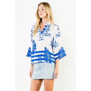 Thml Coastal Blue Tropical Leaf Print V-Neck Blouse