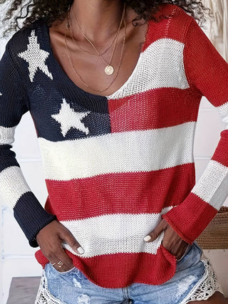 4th Of July Knit Summer American Flag Sweater - V-Neck