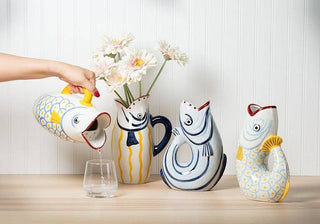 Coastal Blue Stripe Ceramic Fish Pitcher – 48oz Modern Water Jug