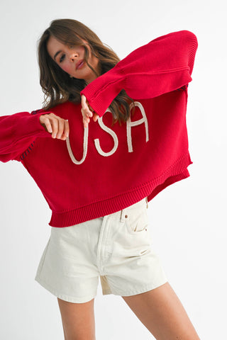 Women's USA Rope Letter Sweater | Cotton Oversized Patriotic Pullover