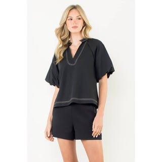 Thml Contrast Stitch Puff Sleeve Cotton V-Neck Top