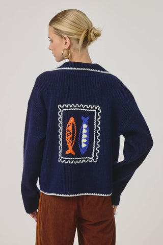 Sardine Postcard Sailor Cardigan – Nautical Embroidered Navy Knit