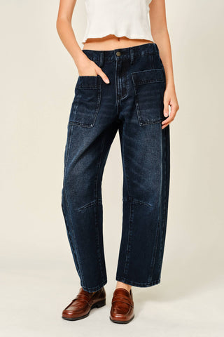 Dark Wash Utility Barrel Jeans | Articulated Knee Streetwear Denim