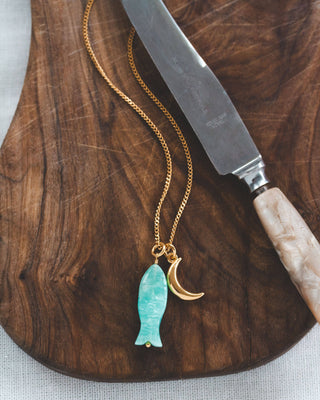 Salty Siren Amazonite Fish Charm Necklace – 14K Gold Plated Coastal Jewelry
