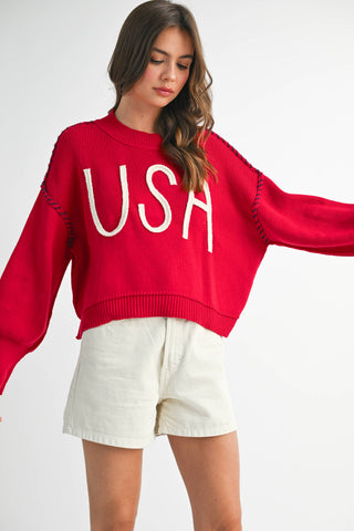 Women's USA Rope Letter Sweater | Cotton Oversized Patriotic Pullover