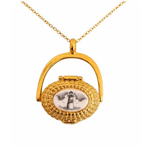 Nantucket Lightship Basket Pendant Necklace with Scrimshaw & Lucky Penny