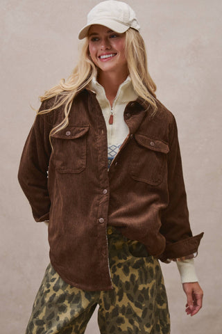 Americana Plaid-Lined Corduroy Shacket – Cozy Oversized Shirt Jacket