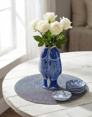 Artisan Blue & White Porcelain Tall Fish Vase