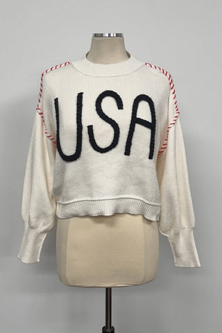 Women's USA Rope Letter Sweater | Cotton Oversized Patriotic Pullover