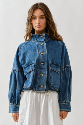 Twill Balloon Sleeve Utility Jacket | Cinched Drawstring Waist