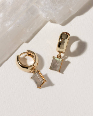 Labradorite Rectangular Huggie Hoops – 14K Gold Plated Modern Earrings
