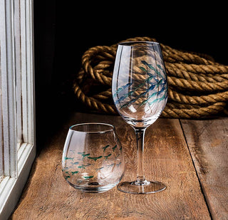 Blue & Green Etched Fish Wine Glass