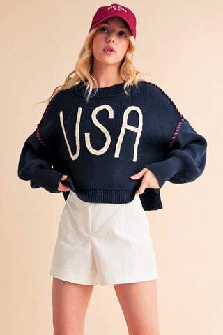 Women's USA Rope Letter Sweater | Cotton Oversized Patriotic Pullover