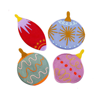 Piecework Deck the Halls Linen Cocktail Napkins - Retro Christmas Set of 4