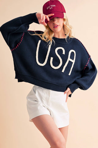 Women's USA Rope Letter Sweater | Cotton Oversized Patriotic Pullover