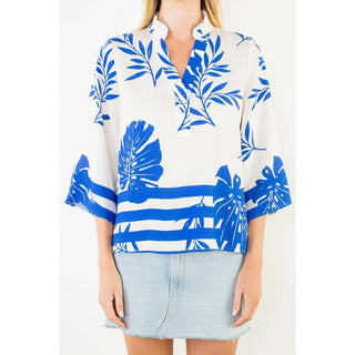 Thml Coastal Blue Tropical Leaf Print V-Neck Blouse