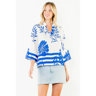 Thml Coastal Blue Tropical Leaf Print V-Neck Blouse
