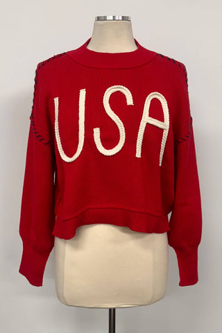 Women's USA Rope Letter Sweater | Cotton Oversized Patriotic Pullover