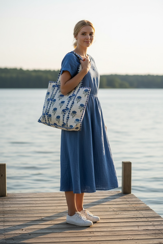 Seaside Quilted Tote: Handcrafted Block Print Travel Bag