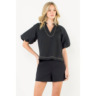 Thml Contrast Stitch Puff Sleeve Cotton V-Neck Top