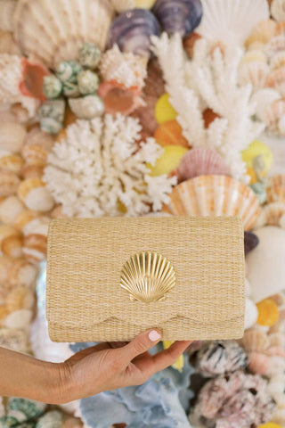 Ruby Scalloped Straw Clutch – Customizable Gold Charm Crossbody