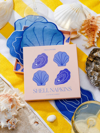 Piecework Blue Scallop Shell Linen Cocktail Napkins - Set of 4